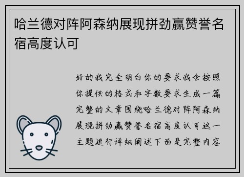 哈兰德对阵阿森纳展现拼劲赢赞誉名宿高度认可