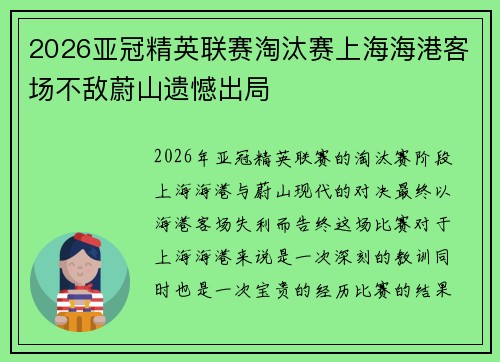 2026亚冠精英联赛淘汰赛上海海港客场不敌蔚山遗憾出局